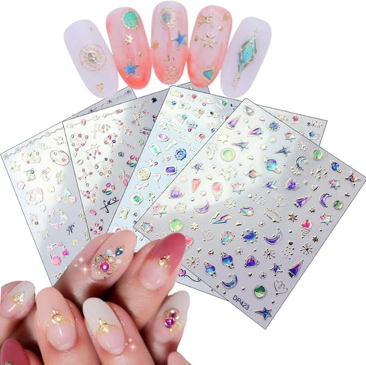4 Sheets Star Sun Moon Nail Art Stickers 3D Holographic Self Adhesive Glitter Colorful Floral Nail Stickers Sparkly Heart Gems Design Nail Supplies for Women and Girls DIY Manicure Decoration-BrightBean Baby