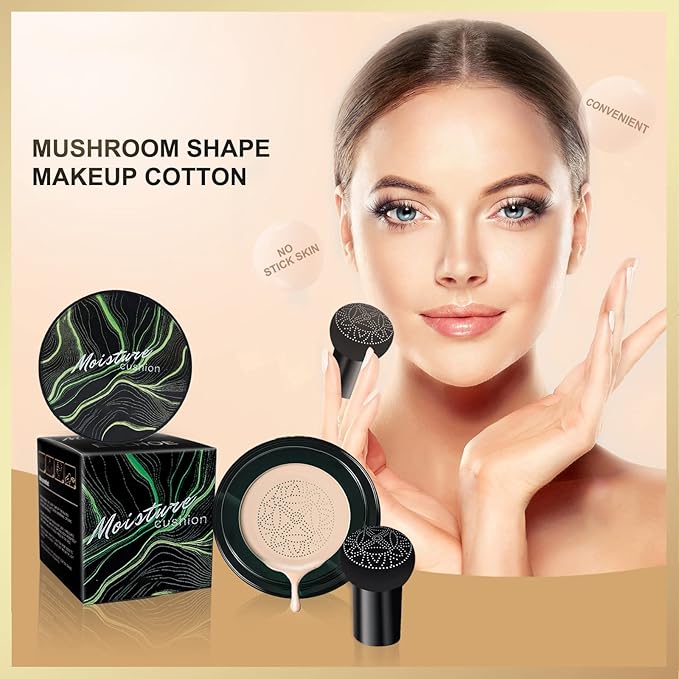 Mushroom Head Air Cushion CC Cream, Long-Lasting Brightening BB Cream Foundation With Powder Puff for Face Makeup and Mature Skin, Moisturizing Full Coverage Self Adjusting Concealer (Buff Beige)-BrightBean Baby