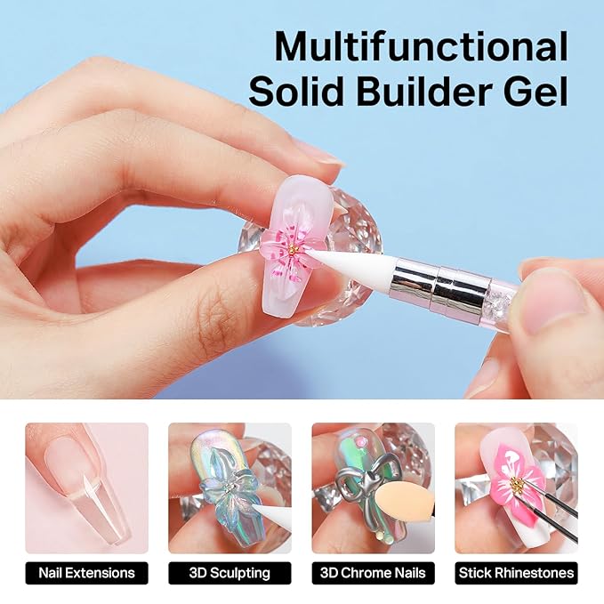 MIZHSE Solid Builder Gel for Nails, Clear 60g 3D Sculpting Gel for Nail Art Non-Sticky Molding Hard Gels UV LED Nail Charm with Gold Chrome Nail Powder and 3D Silicone Flower Mold Kit for DIY Salon-BrightBean Baby