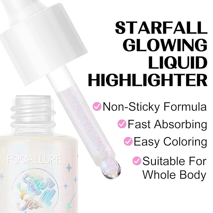 FOCALLURE Starfall Glowing Liquid Highlighter, Shimmering Body Oil, Non-Sticky Shimmer Liquid Luminizer, Non-Greasy, Face & Body Glitter Makeup for Costumes, Cosplay, Rave Festival, CYPRIDINA-BrightBean Baby