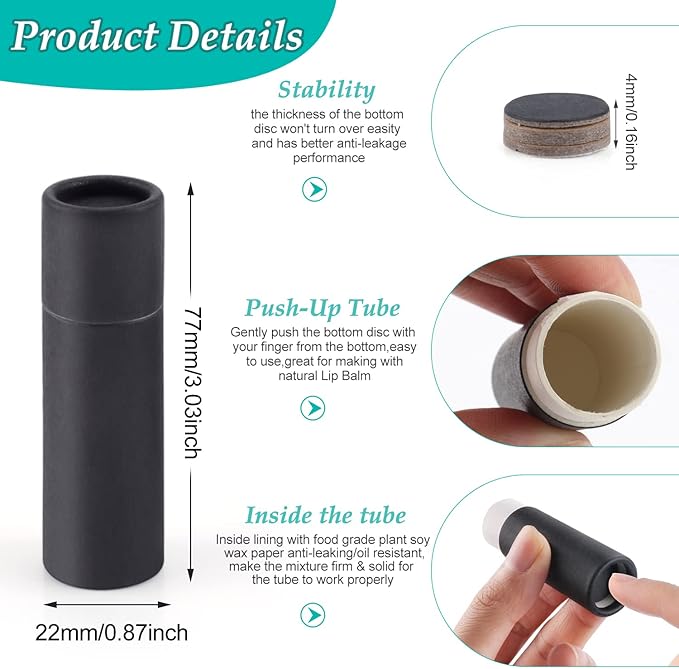15 Pcs 0.3 oz Paperboard Lip Balm Tubes,Empty Kraft Paper Chapstick Tube Holder,Push-Up Style Biodegradable Solid Perfume Lip Gloss Container for DIY Homemade Balm Container,Natural Packaging- Black-BrightBean Baby