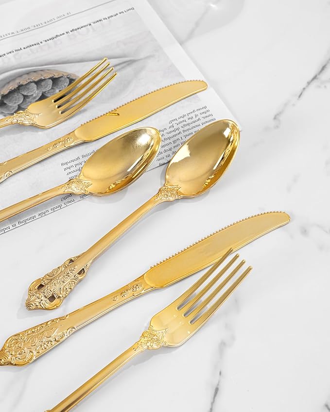 bUCLA 300PCS Gold Plastic Silverware Disposable - Heavy Duty Plastic Cutlery - Gold Disposable Utensils Set - Include 100 Knives, 100 Forks, 100 Spoons for Party & Thanksgiving