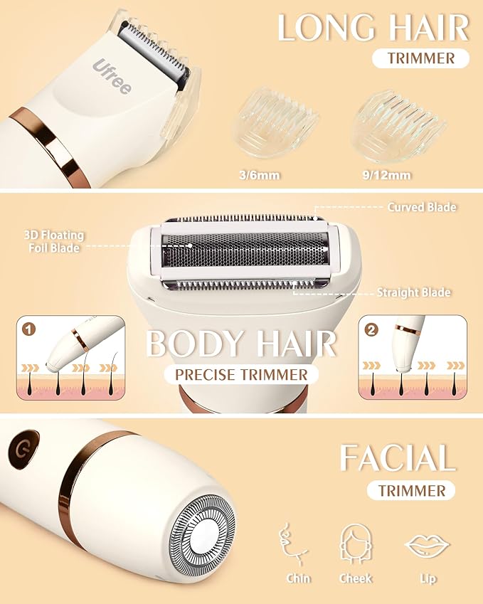 Ufree Bikini Trimmer Electric Razors for Women, Rechargeable Pubic Hair Trimmer Electric Shaver for Legs Body Hair, Bikini Shaver IPX7 Waterproof, White-BrightBean Baby