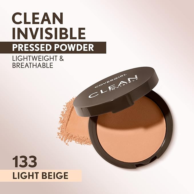 Covergirl Clean Invisible Pressed Powder, Lightweight, Breathable, Vegan Formula, Light Beige 133, 0.38oz-BrightBean Baby