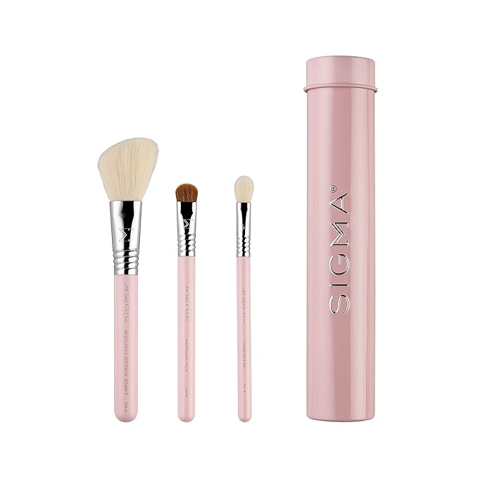 Sigma Beauty Travel Essential Trio - Makeup Brush Set for Foundation Powder Eyeshadow - 3 Tool Brushes with Brush Tin Holder - - Skin Safe, Vegan Makeup Brushes for Travel - Light Pink-BrightBean Baby
