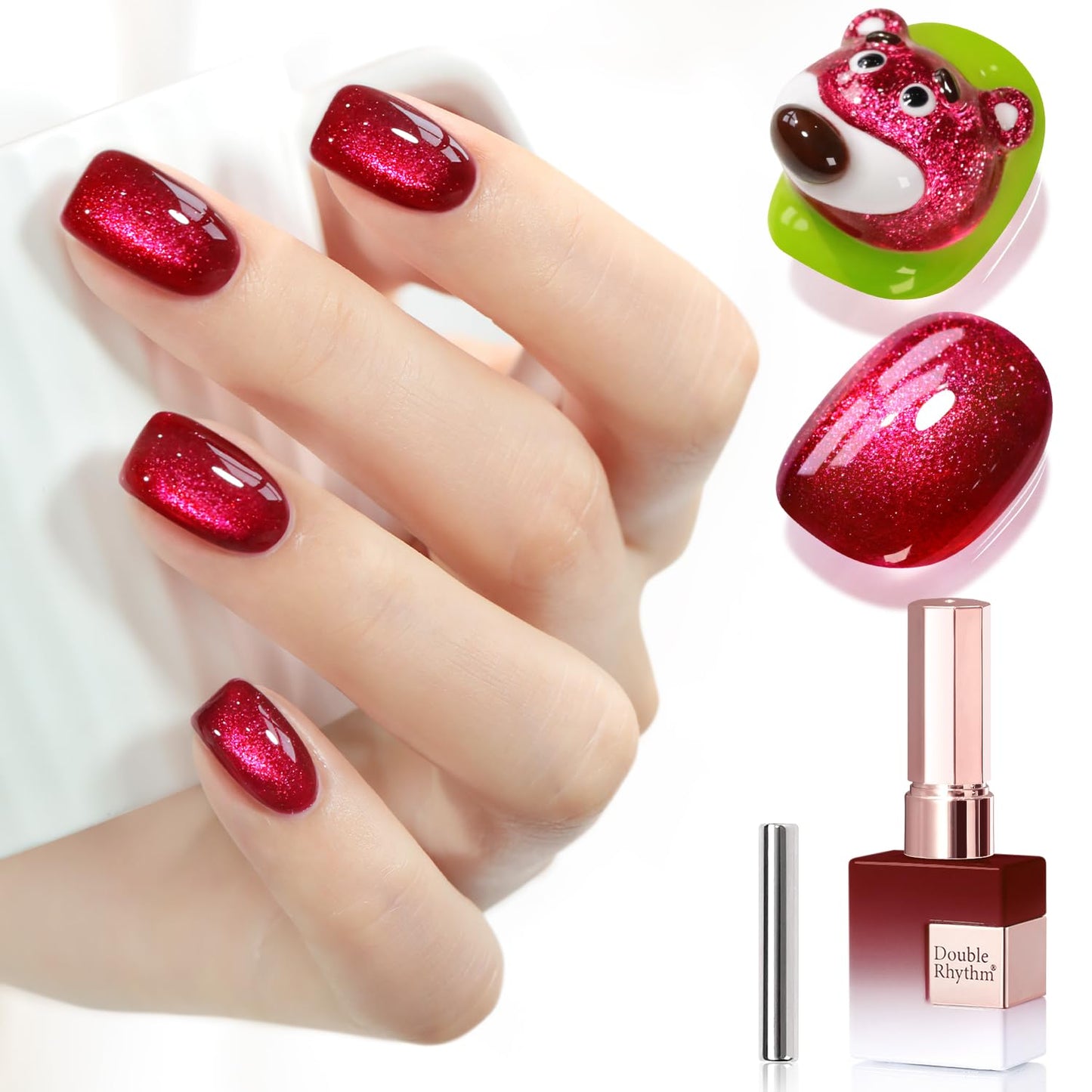 Double Rhythm 15ML Ice Glass Cat Eye Gel Polish with Magnet Holographic Glitter Shimmer Translucent Sheer Color Salon Soak Off Magnetic Nail at Home (Dark Cherry-MC1295)-BrightBean Baby