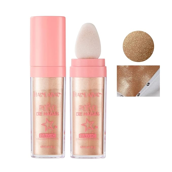 AKARY Shimmer Highlighter Powder, Fairy Polvo De Hadas Highlighter Powder & Blush Stick, Instant Glow Luminizer Duo, Glitter Body Face Hair High Gloss Stick, Sparkle Smudge-Proof Highlighter Stick Party Makeup (#03 Golden Brown)-BrightBean Baby