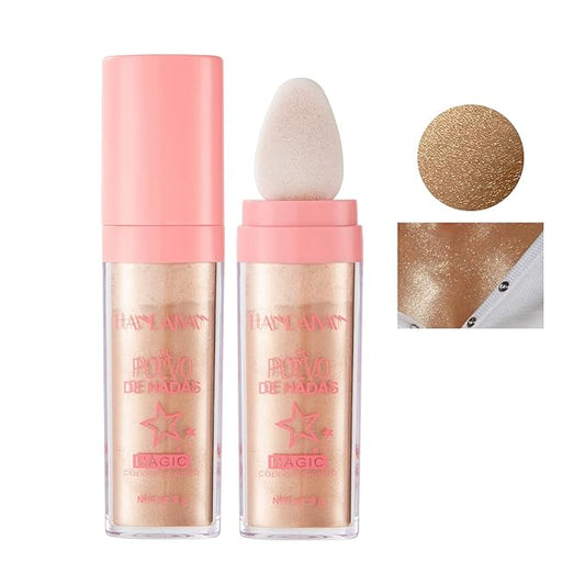 AKARY Shimmer Highlighter Powder, Fairy Polvo De Hadas Highlighter Powder & Blush Stick, Instant Glow Luminizer Duo, Glitter Body Face Hair High Gloss Stick, Sparkle Smudge-Proof Highlighter Stick Party Makeup (#03 Golden Brown)-BrightBean Baby
