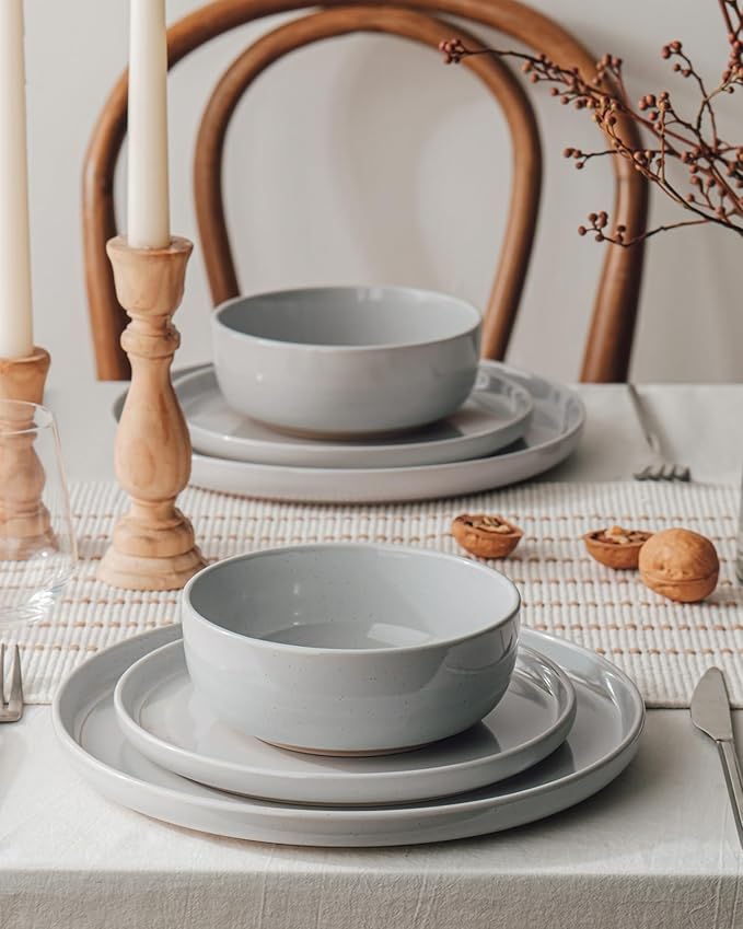 Famiware Milkyway Dinnerware Sets, 24 Piece Dish Set, Plates and Bowls Sets for 8, Light Gray