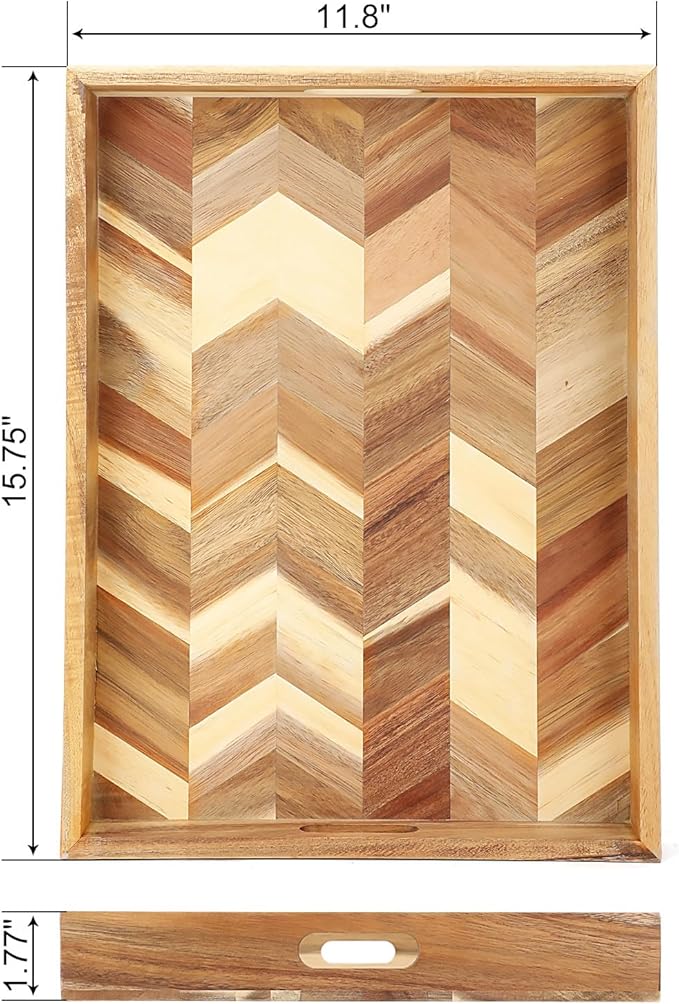 Acacia Wood Serving Tray with Handles，15.7x11.8 in Colorful Wooden Serving Tray Ottoman Tray Decorative Serving Trays Platter for Breakfast in Bed, Great for Lap &Couch