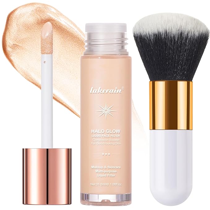 Natural Glow Liquid Filter Makeup, Longwear Face Luminizer, Complexion Booster For Any Part of the Body, Liquid Highlighter with Brush Kit, Infused Hyaluronic Acid, 1.06 fl oz (#02 FAIR/LIGHT)-BrightBean Baby