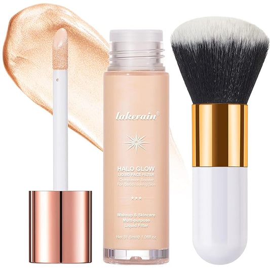 Natural Glow Liquid Filter Makeup, Longwear Face Luminizer, Complexion Booster For Any Part of the Body, Liquid Highlighter with Brush Kit, Infused Hyaluronic Acid, 1.06 fl oz (#02 FAIR/LIGHT)-BrightBean Baby