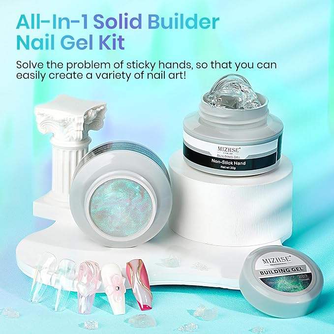 MIZHSE Solid Builder Gel for Nails – 2PCS 1oz Mermaid Pearl & Clear Hard Gel Kit with Nail Forms 3D Mold Soak-off U V 3D for Nails Extension for Salon Manicure Home DIY-BrightBean Baby