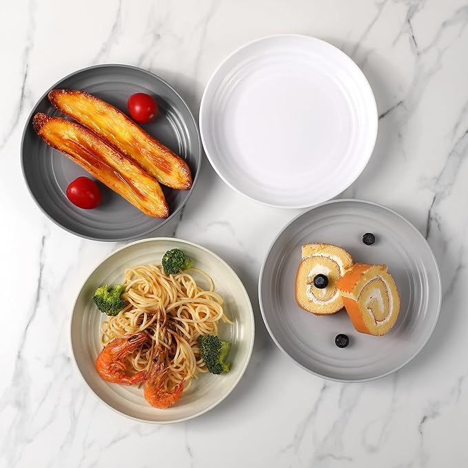 12 Pcs Unbreakable Deep Dessert Plates Set, 8 inch Reusable Plastic Wheat Straw Plates, Microwave and Dishwasher Safe Plate for Kitchen, Lightweight Plate for Dessert, BPA Free, Beige