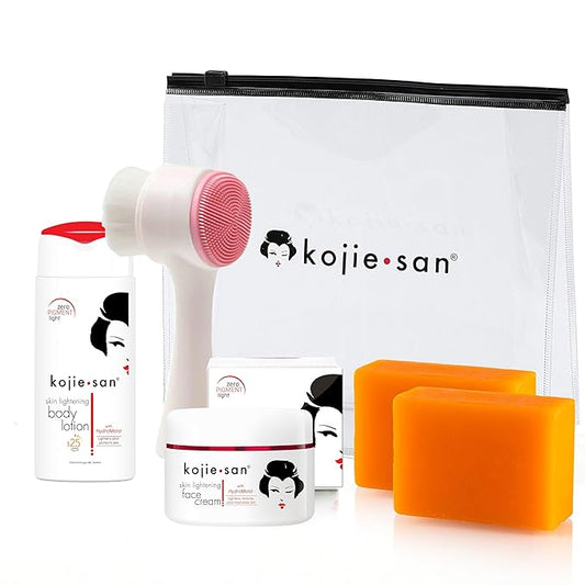 Kojie San Face & Body Complete Brightening Mini Set - 65 Gram x 2 Bars Soap, Body Lotion, Face Cream, and Facial Cleansing Brush-BrightBean Baby