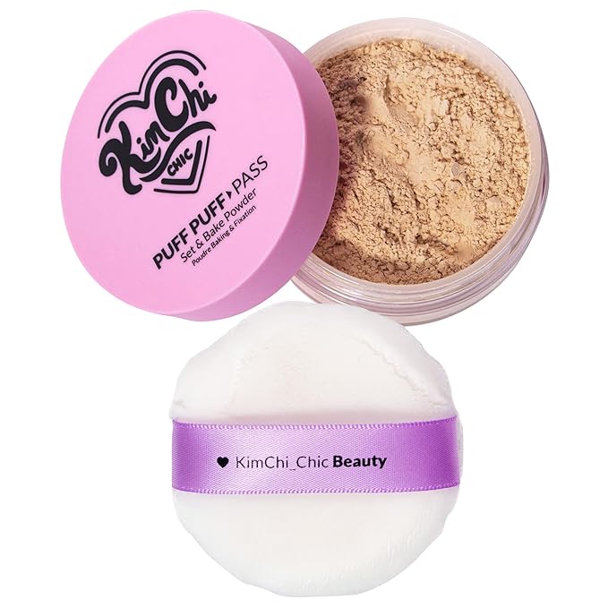 Kimchi Chic Beauty Puff Puff Pass Set and Bake Powder, Loose Face Powder with Extra Fluffy Setting Powder Puff, Soft Peach Face Makeup for Uneven Skin Tone, 04 Peachy-BrightBean Baby