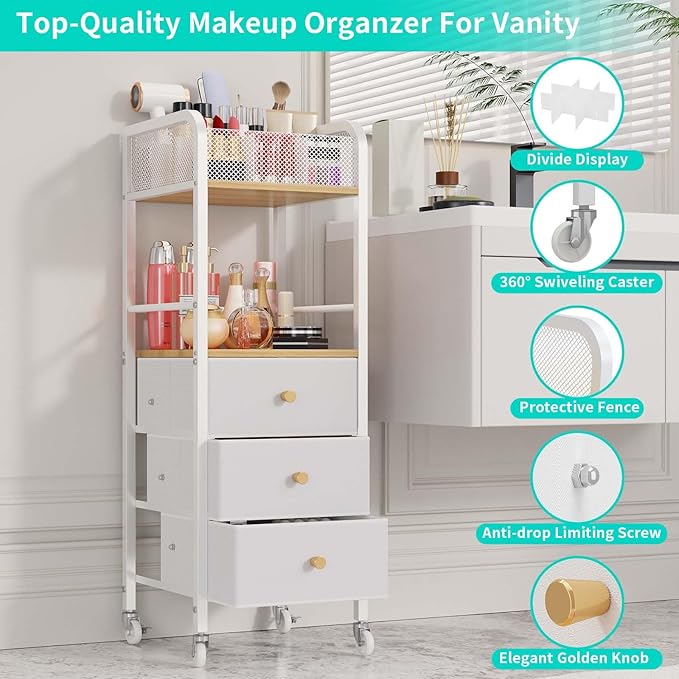 HapiRm Rolling Makeup Cart Organizer - Floor Skincare Make Up Storage with 3 Drawers, Vanity Organizer Cosmetic Display Cases Holder for Skin Care Perfume Nail Polish Brush Hair Tool-BrightBean Baby