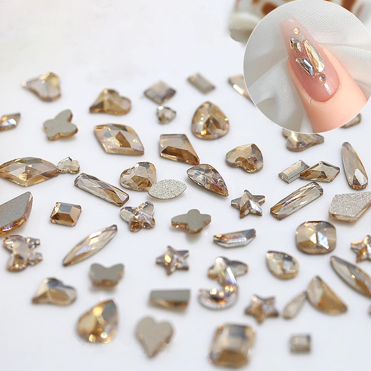 Nail Rhinestones Kit, 18 Types of 900 Special-Shaped Nail Diamonds + 3200 Flat-Bottomed Rhinestones, Champagne Crystals DIY Crafts Gold Gemstones for Nail Art Design-BrightBean Baby