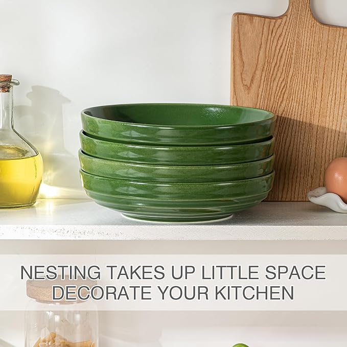 HAPPY KIT Stoneware Pasta Bowls, 9-inch, Set of 4, 42 oz, Reactive Glaze Large Salad Bowls, Scratch-Resistant Ceramic Serving Bowls, Four Colors