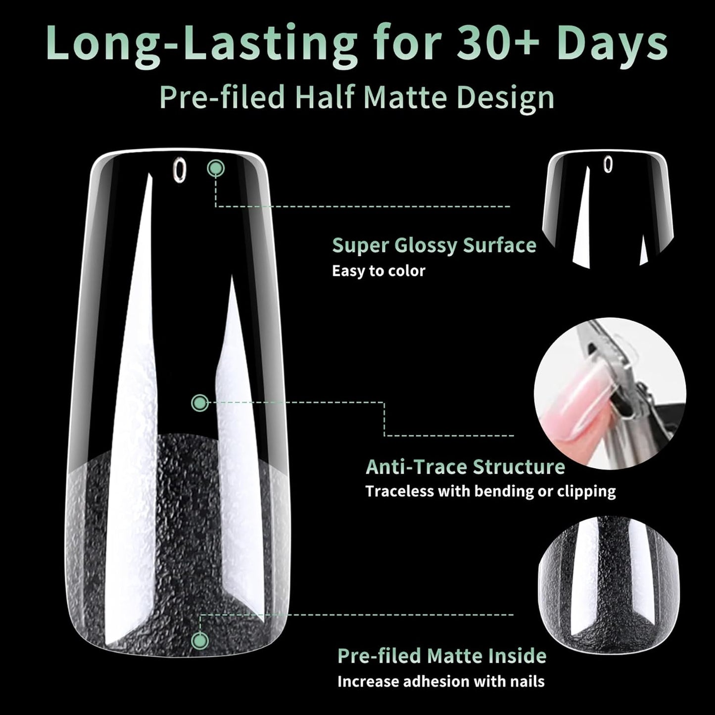 Long Square Nail Tips, 216pcs Acrylic Fake Nails Gel Nail Tips Soft, Full Cover Pre-Shaped Matte Clear Press on Nails for Extension, Diy at Home Manicure 10 Sizes-BrightBean Baby