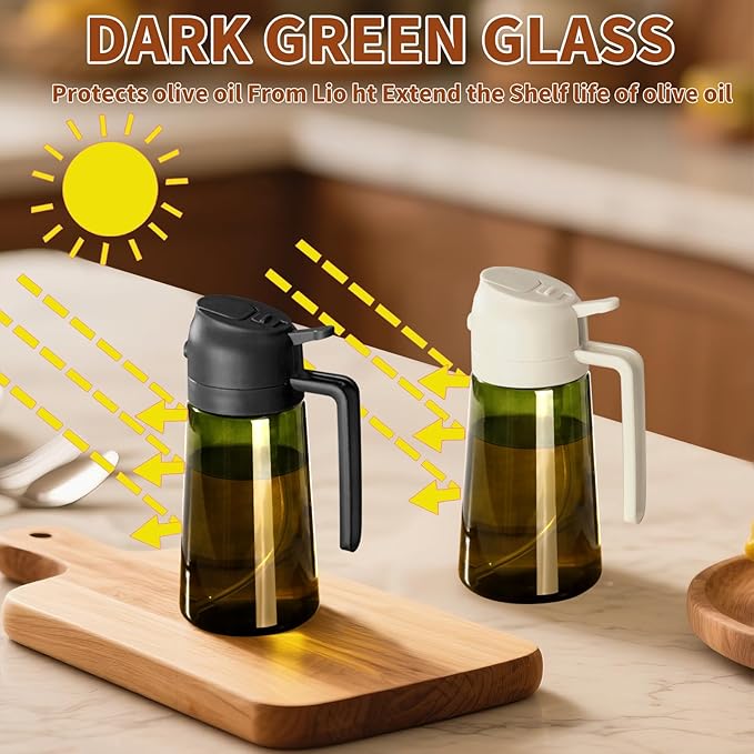 2PCS Olive Oil Dispenser and Oil Sprayer – 16oz/470ml Glass Light-Proof Oil Pourer for Kitchen, Air Fryer, Cooking, Salad, and BBQ