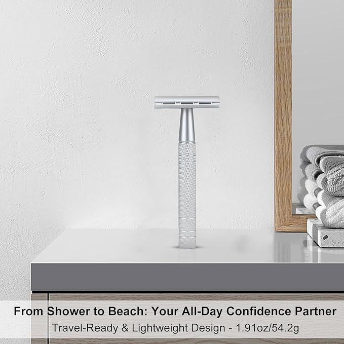 Double Edge Safety Razor with Stand, Single Blade Razors for Men and Women, Reusable Metal De Razor, Men's Safety Shaving Razors with 10 Double Edge Blades, Smooth and Close Shave, Matte Silver-BrightBean Baby