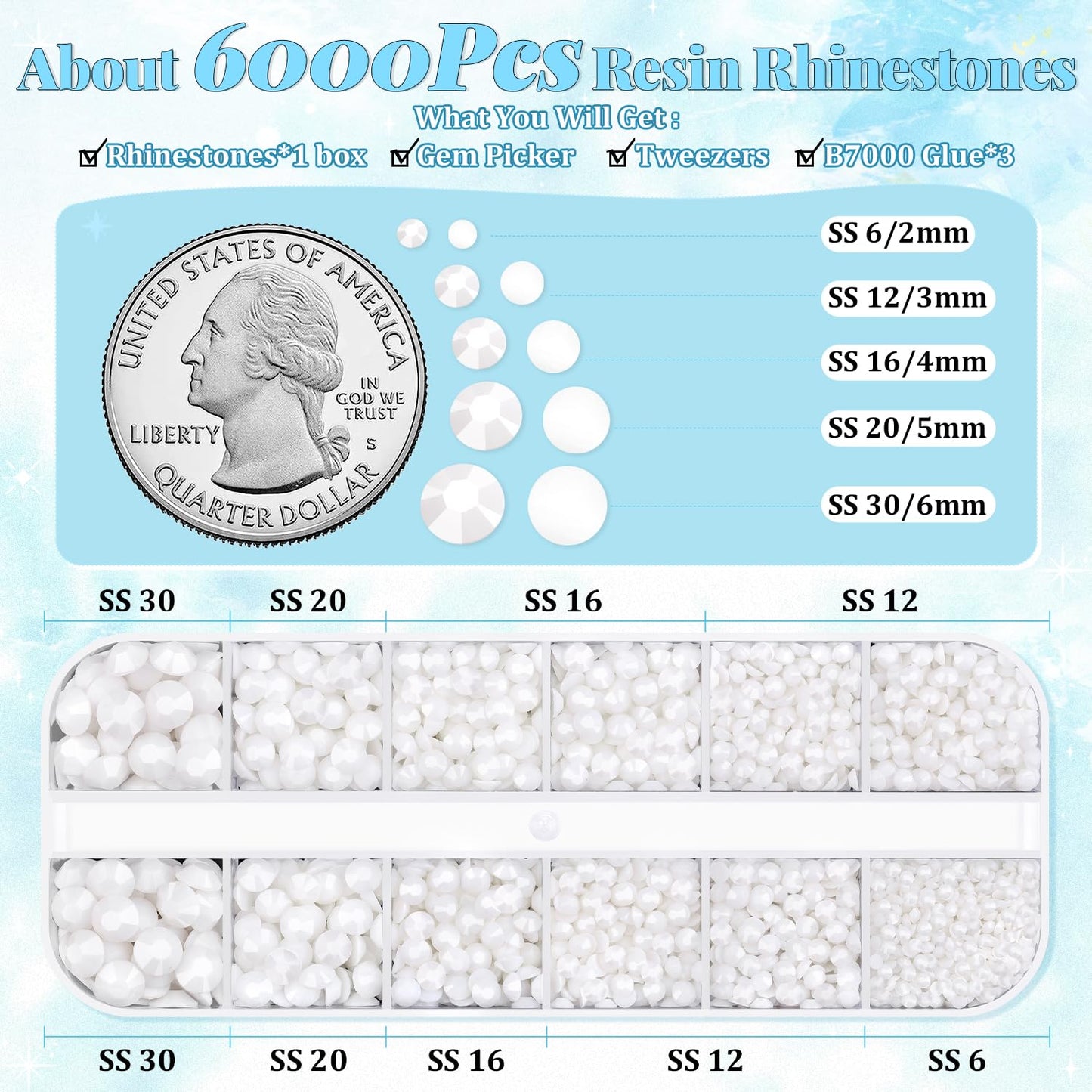 6000Pcs Resin Rhinestones for Bedazzling with 3Pcs B7000 Jewelry Glue, 1 Box White Flatback Rhinestones for Crafting Crafts DIY, Crystals Gems for Clothing Shoes Tumblers Nail Art Makeup-BrightBean Baby