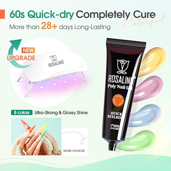 ROSALIND 8PCS Poly Nail Gel Kit with Mini Nail Lamp Clear Nude Poly Nails Gel Kit Starter Kit Nude Pink Nail Extensions Gel Set-BrightBean Baby