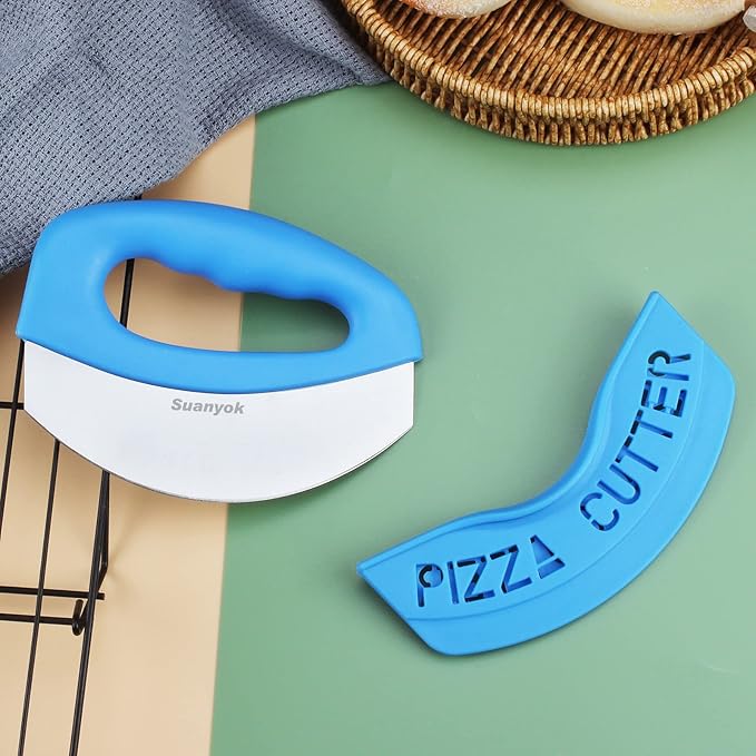 Premium Pizza Cutter Food Chopper-Super Sharp Blade Stainless Steel Pizza Cutter Rocker Slicer with Protective Sheath Multi Function Pizza Knife Kitchen Tools,Dishwasher Safe (Blue)