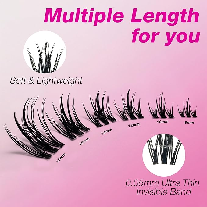 VEYESBEAUTY Lash Clusters Eyelash Extensions Thin & Invisible Band DIY Individual False Eyelashes Newbie's Five-Second Series Wispy Lash Tray for Self-application, Camellia Lashes 8-18mm Mixed Length-BrightBean Baby