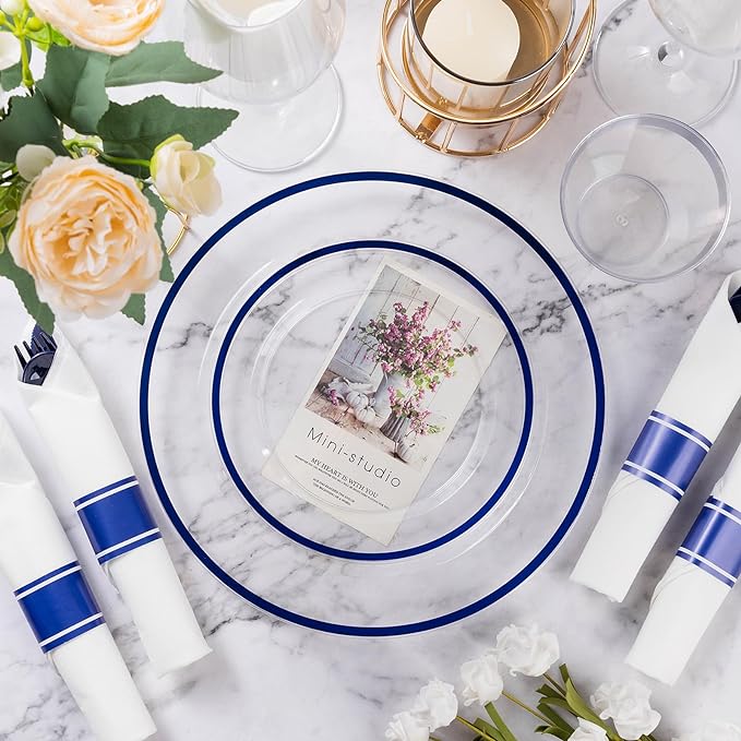 Goodluck 175 Piece Dark Blue Plastic Dinnerware Set for Party, Clear Disposable Plates for 25 Guests, Include: 25 Dinner Plates, 25 Dessert Plates, 25 Pre Rolled Napkins with Cutlery Set, 25 Cups