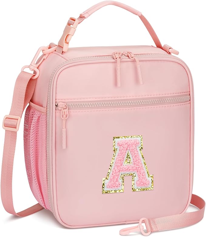Initial Insulated Lunch Bag for Girls Kids, Back to School Gift, Reusable Leak-proof Lunch Box with Adjustable Strap for School Daycare Travel Picnic (Pink,A)