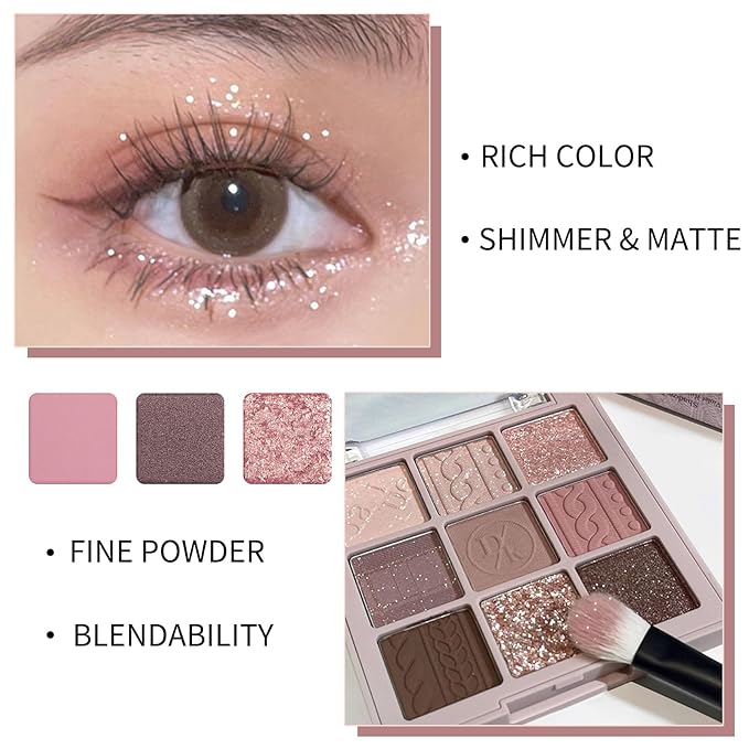 Erinde 9 Colors Eyeshadow Palette, Matte Shimmer Glitter Eye Shadow Makeup Palette, Highly Pigmented Long Lasting Waterproof, Natural Neutral Nude Eyeshadow Makeup Pallet, Pink Purple Rose-BrightBean Baby