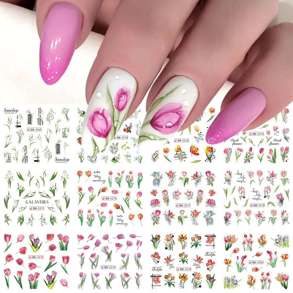 Flowers Nail Art Stickers Decals Tulip Floral Leaf Watercolor Nail Art Decals Transfer Foils for Nails Supply Butterfly Flowers Designs Nail Tattoo Sliders for Women DIY Manicure Nail Decoration 12PCS-BrightBean Baby