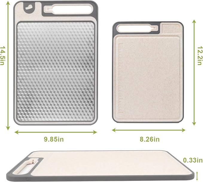XIAPIA 2-in-1 Cutting Board Set (2 Pack), Stainless Steel & Plastic Cutting Boards for Kitchen, Metal Chopping Board Non Toxic & BPA Free, Built-in Knife Sharpener|Ginger Grater|Measurement Marks