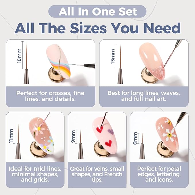UNA GELLA Nail Art Brushes Metallic, Liner Pens 5Pcs Set For Nail Art Gel Polish, Gray Color, Detail Nail Art Design Painting Brush Set For Nails Gel Fine Drawing Nail Tools, 6/9/11/15/18mm Sizes-BrightBean Baby