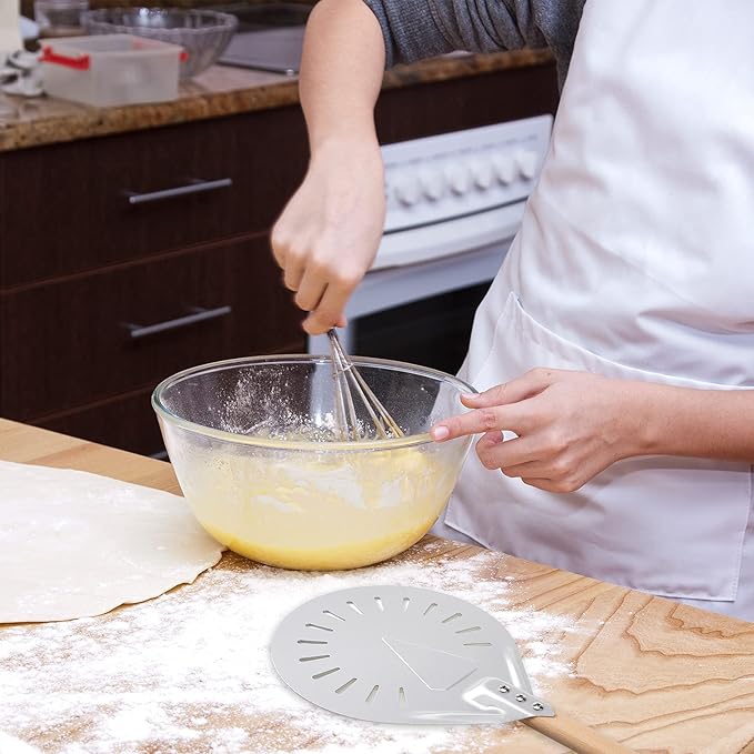 Pizza Turning Peel Perforated Pizza Turner Round Metal Aluminum Turning Peel Paddle with 16 Inch Anti-scalding Non-slip Durable Wooden Handle for Homemade Bread Bakers Oven Accessories(10 Inch)