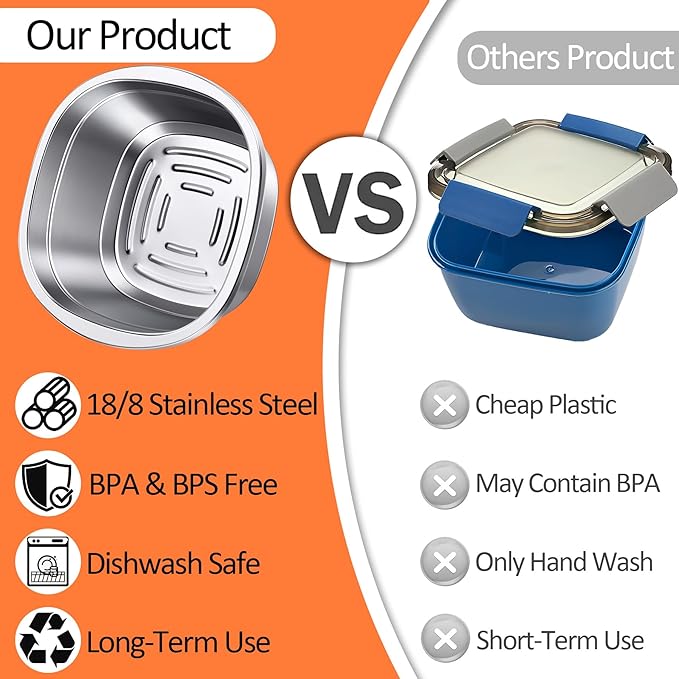 KTKUDY 3 Pack Stainless Steel Salad Bowls with Lids & Dressing Cups - 50 oz Leakproof Salad Containers for Meal Prep & Lunch To Go, Dishwasher Safe