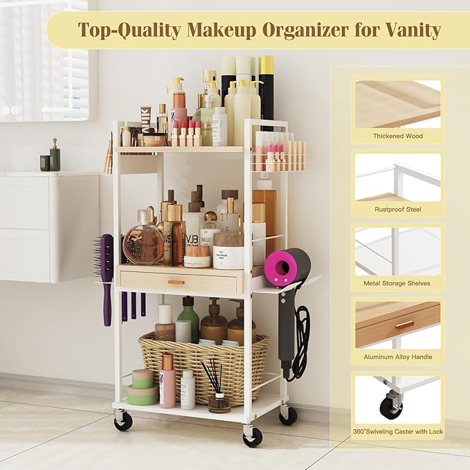 Makeup Organizer Storage Cart, Floor Skincare Organizers, Makeup Stand with Drawers, Vanity Organizer Cosmetics Display Cases Holder for Skin Care Nail Polish Perfume Makeup Brush Hair Tool-BrightBean Baby
