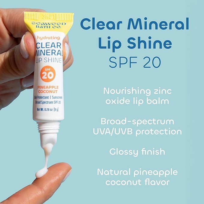 Seaweed Bath Co. Hydrating Clear Mineral Lip Shine SPF 20 Sunscreen Zinc Oxide Lip Balm, 0.28 Oz, Moisturizing Care for Dry, Chapped Lips-BrightBean Baby