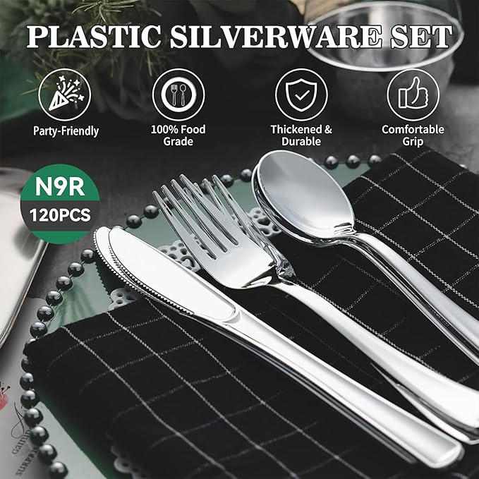 N9R 120PCS Silver Plastic Silverware, Silver Plastic Cutlery Set Disposable Flatware Dinnerware -60 Forks, 30 Spoons, 30 Knives for Wedding, Party, Birthday and Daily Use