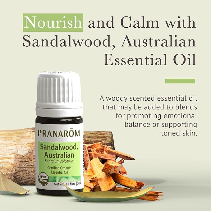 Pranarom USDA Certified Organic Australian Sandalwood Essential Oil (5ml), 100% Pure Natural Therapeutic Grade for Home Diffusing, Aromatherapy, Skincare, Candle Making, DIY Perfumes-BrightBean Baby