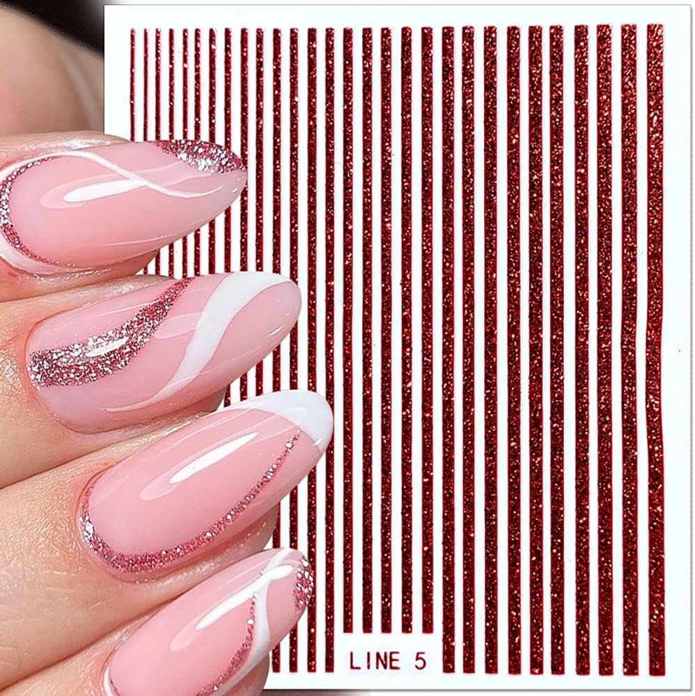 3D Glitter Lines Nail Stickers Holographic Nail Art Stickers Metal Stripe Nail Decals Self Adhesive Geometric Strip Line Nails Stickers Women DIY Nail Supplies,6 Colors/Set-BrightBean Baby