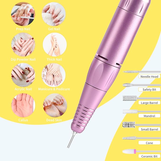 Portable Nail Drill Professional 35000 RPM, MOCOWIND Rechargeable Electric Nail File Machine for Acrylic Nails Gel Polishing, Cordless E-File with Bits Kit for Manicure Salon Home, Yellow & Purple-BrightBean Baby
