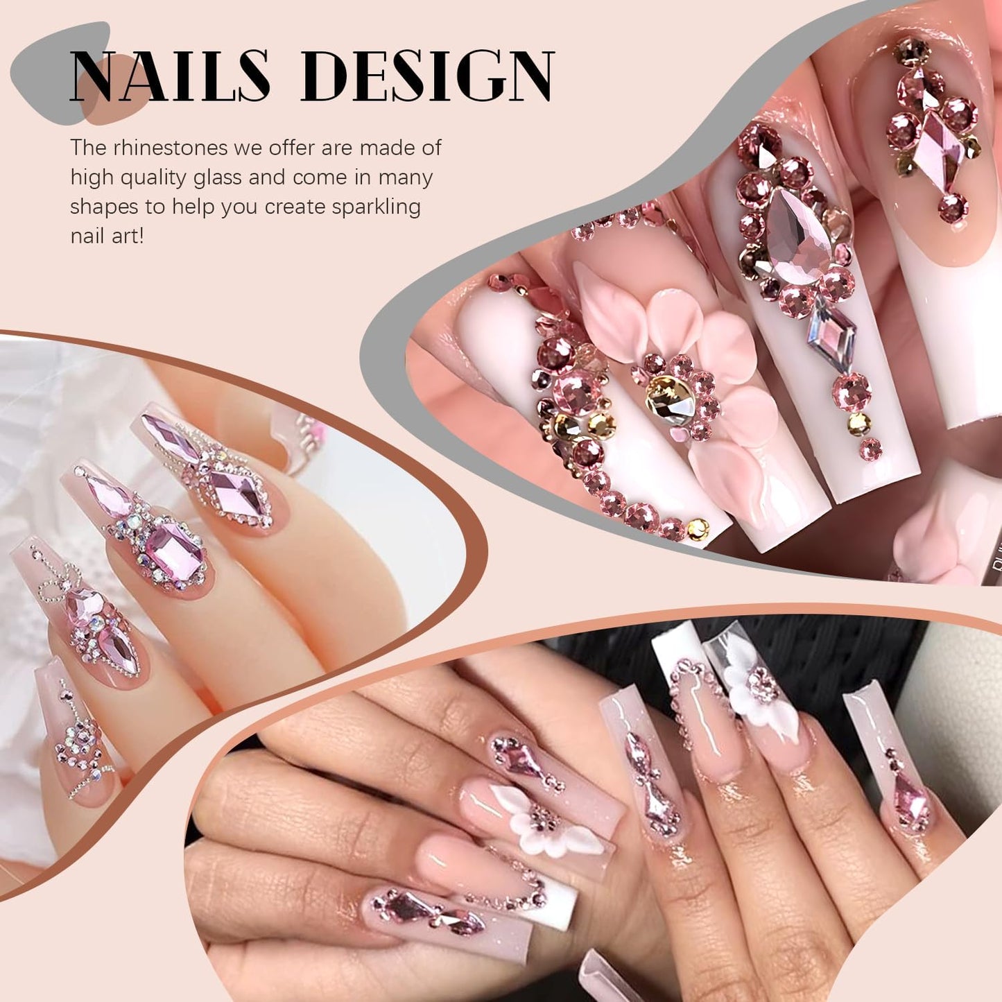 2060Pcs Pink Glass Nail Rhinestones 60Pcs Multi Shapes Flatback Nail Gems + 2000Pcs 1.5-4mm Round Crystal, Manicure Nail Charms Diamond Gemstones for Acrylic Nails Decoration-BrightBean Baby