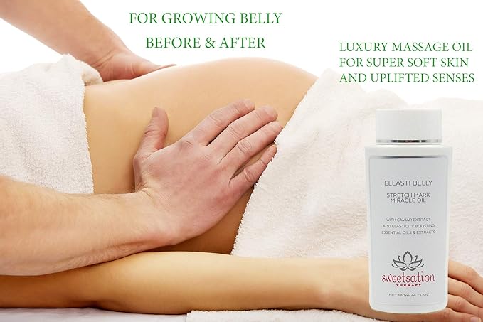 Sweetsation Therapy- Organic EllastiBelly Stretch Mark Miracle Oil, 4oz. Stretch Marks Prevention in Pregnancy With Omega 3,6,9, Vitamins,Amino Acids, 30+ Extracts to Boost Elasticity-BrightBean Baby