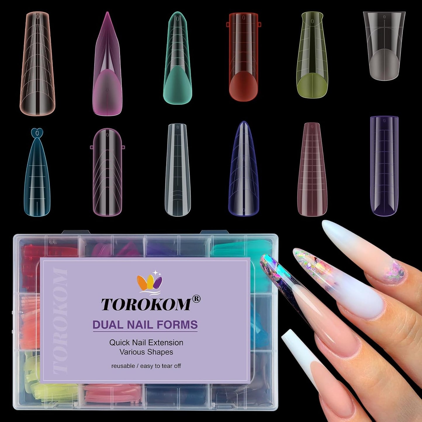 Dual Forms for Poly Nail Gel, 288PCS 12 Colors Dual Nail Forms Extension Molds Stiletto Coffin Square Acrylic Nail Tips 12 Shapes for Builder Gel Manicure Nail Art Design Salon DIY at Home-BrightBean Baby