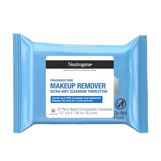 Neutrogena Fragrance-Free Makeup Remover Wipes, Daily Facial Cleanser Towelettes, Gently Removes Oil & Makeup, Alcohol-Free Makeup Wipes, 25 ct-BrightBean Baby