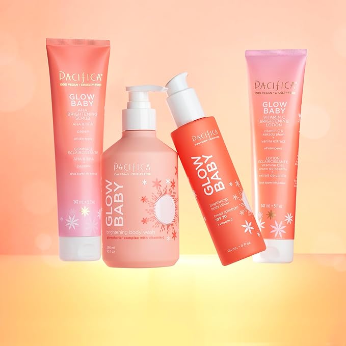 Pacifica Glow Baby Body Lotion & AHA Scrub Set – Brightening Vitamin C Body Lotion (5 oz) + AHA Exfoliating Body Scrub, 2-Step Radiance Duo for Smooth Glowing Skin, Vegan-BrightBean Baby