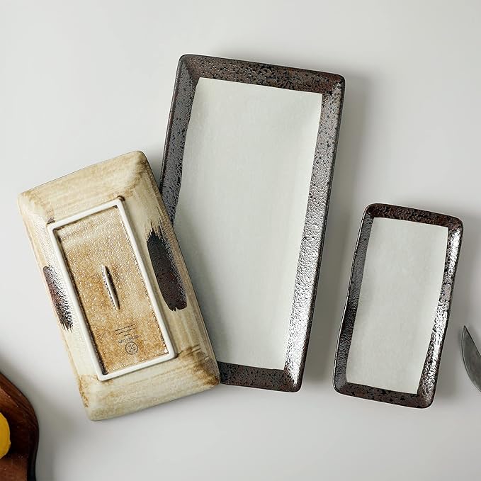 Stone Lain Lucy Porcelain 3-Piece Rectangle Serving Plate Set, Beige